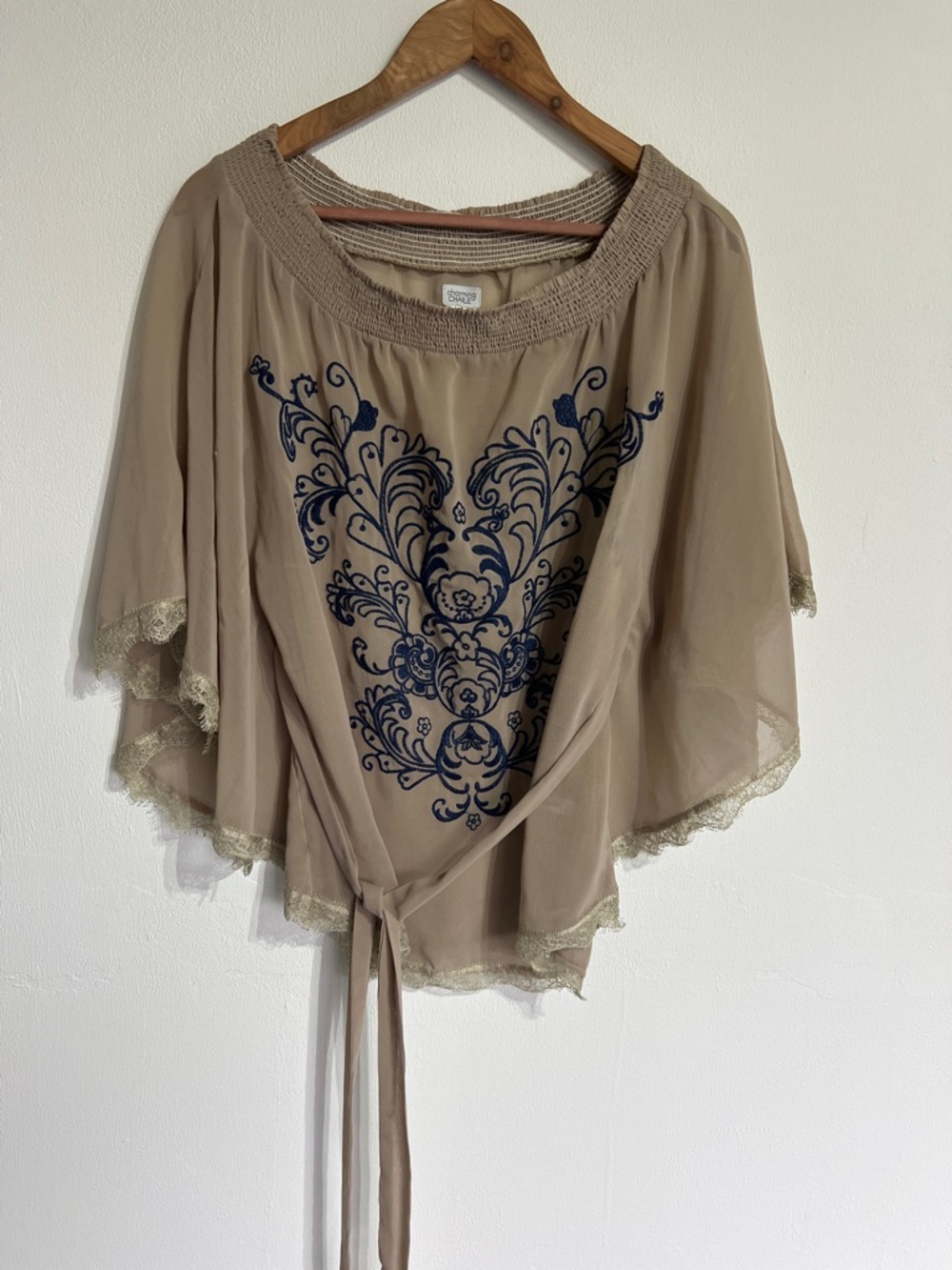 Charming Charlie Taupe Boho Top with Navy Embroidered Front